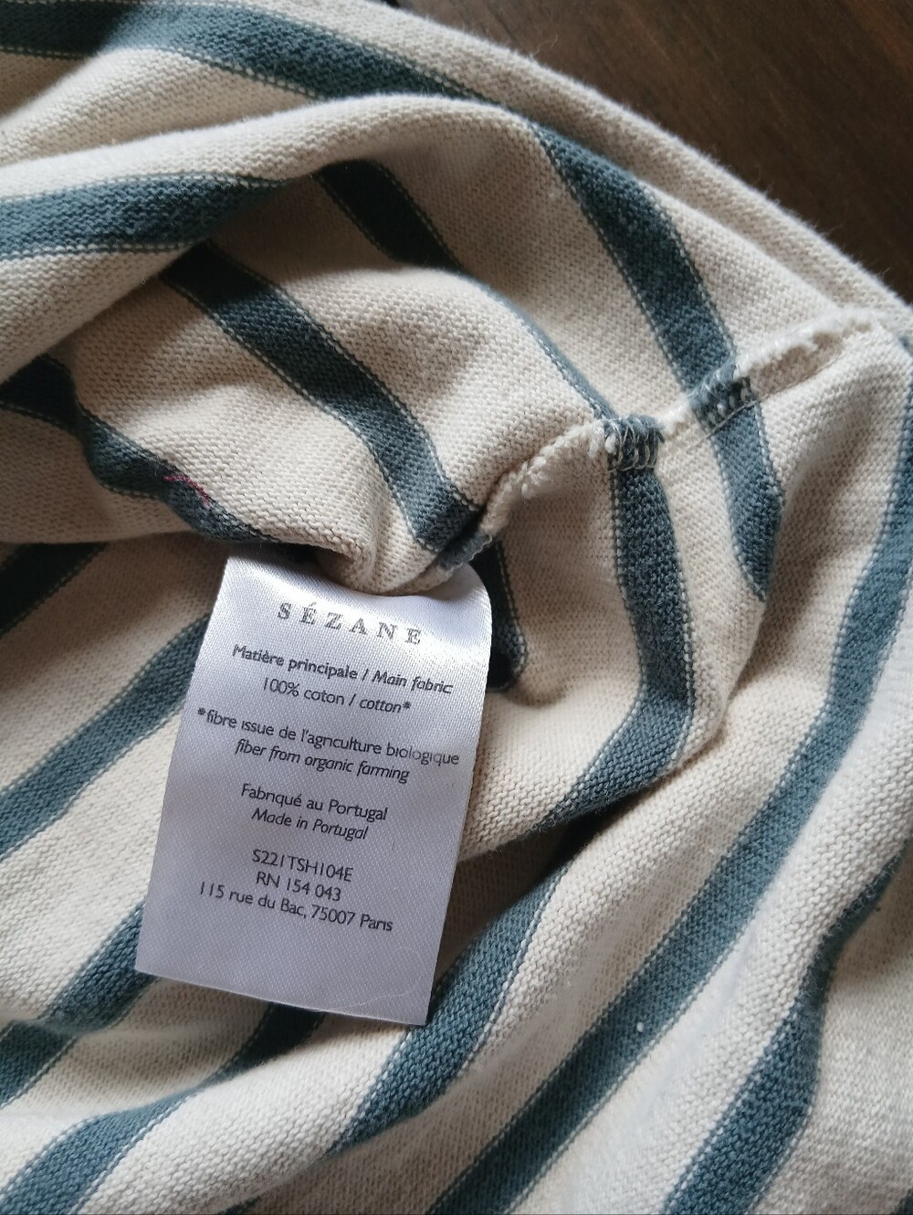 Sezane Gael Mariniere Striped Ruffle Henley Top S Sage Ecru - Picture 6 of 6